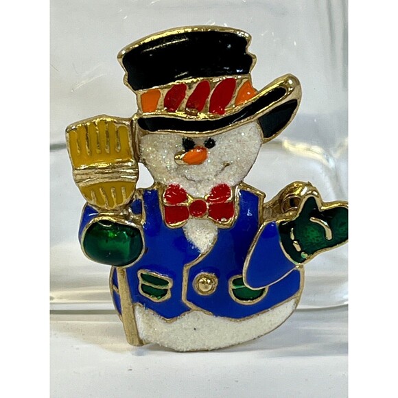 Vtg 1980's Enamel Christmas Snowman Brooch‎ Pin W/ Moving Waving Arm. Emblished - Picture 1 of 6